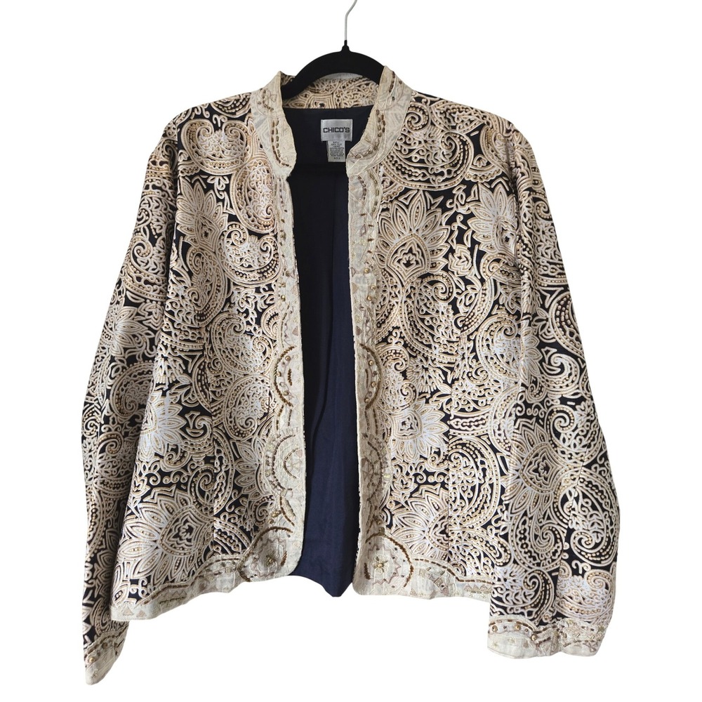 Chico's 2 Silk Paisley‎ Beaded Embroidered Open Front Jacket Gold Cream NAVY L